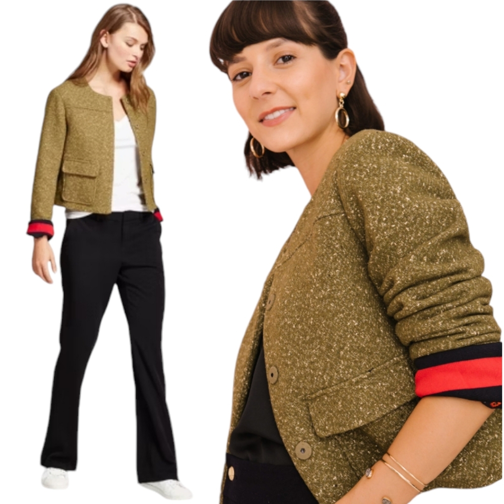 A NEW DAY Cropped Speckled Tweed Blazer Jacket in Olive Sz: 4 (Small) - Picture 4 of 16